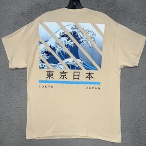 Popular Poison Tokyo Japan T Shirt Men's Size L Beige Ocean Waves 2-Sided Tee